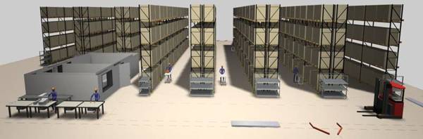 warehouse design animation. organised shelves in a large warehouse.