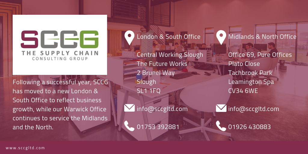 Infographic to show that SCCG has moved to a new London & South Office, in addition to their Leamington office.
