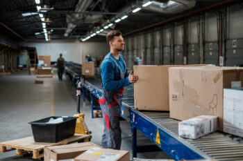 Warehouse worker is picking and packing parcels and preparing them to send them to outbound.