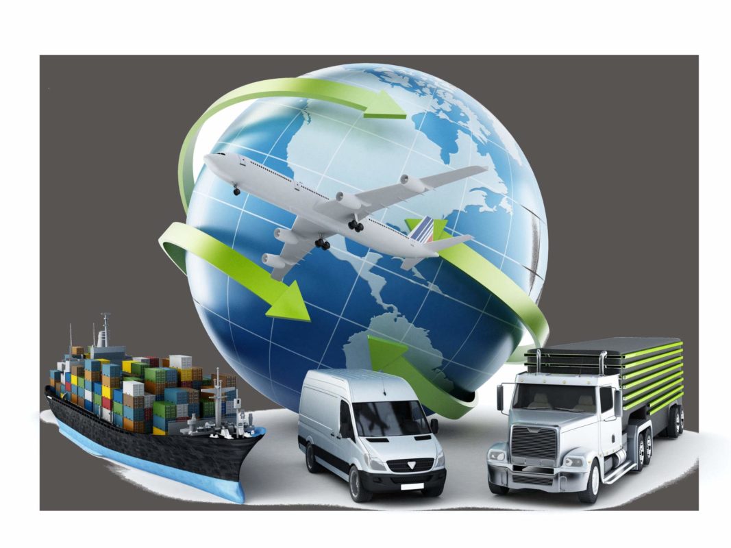 2D, concept image, Globe, arrows, plane, lorry, van, and cargo ship, to represent the global supply chain, and different modes of logistics.